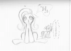 Size: 3069x2184 | Tagged: artist:haruno hiroka, derpibooru import, fluttershy, grayscale, japanese, monochrome, nosebleed, pixiv, rainbow dash, safe, shipper on deck, sketch