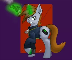 Size: 500x413 | Tagged: safe, artist:dastentakel, derpibooru import, oc, oc:littlepip, unofficial characters only, pony, unicorn, fallout equestria, fanfic, abstract background, clothes, cutie mark, fanfic art, female, glowing horn, gun, handgun, hooves, horn, levitation, little macintosh, magic, mare, optical sight, pipbuck, revolver, solo, teeth, telekinesis, vault suit, weapon