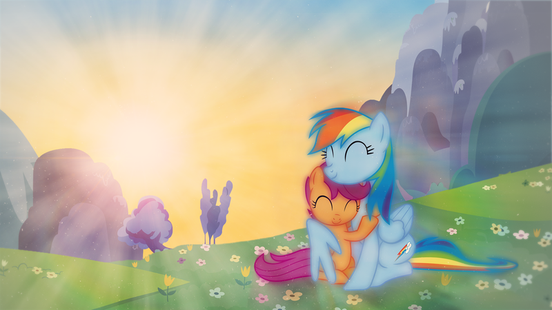 Size: 1920x1080 | Tagged: safe, artist:aelioszero, artist:exe2001, derpibooru import, rainbow dash, scootaloo, pegasus, pony, crepuscular rays, cute, cutealoo, dashabetes, dust motes, eyes closed, female, field, filly, flower, hug, lens flare, mare, mountain, scenery, scootalove, sitting, smiling, sunrise, tree, vector, wallpaper, winghug