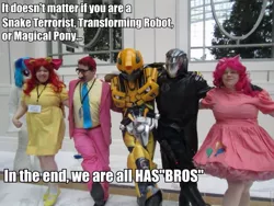 Size: 960x720 | Tagged: apple bloom, bumblebee, cobra commander, cool story bro, cosplay, derpibooru import, g.i. joe, hasbro, human, irl, irl human, katsucon, photo, pinkie pie, pun, rule 63, safe, text, transformers