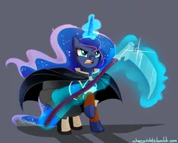 Size: 1915x1536 | Tagged: safe, artist:cherryviolets, derpibooru import, princess luna, alicorn, pony, clothes, crossover, discworld, magic, scythe, solo, susan sto helit