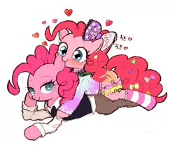 Size: 940x783 | Tagged: artist:momo, changeling, clothes, cute, derpibooru import, diapinkes, duality, ear bite, famihara, fashion, female, heart, japanese, lesbian, pinkie pie, pony pile, prone, safe, self ponidox, shipping