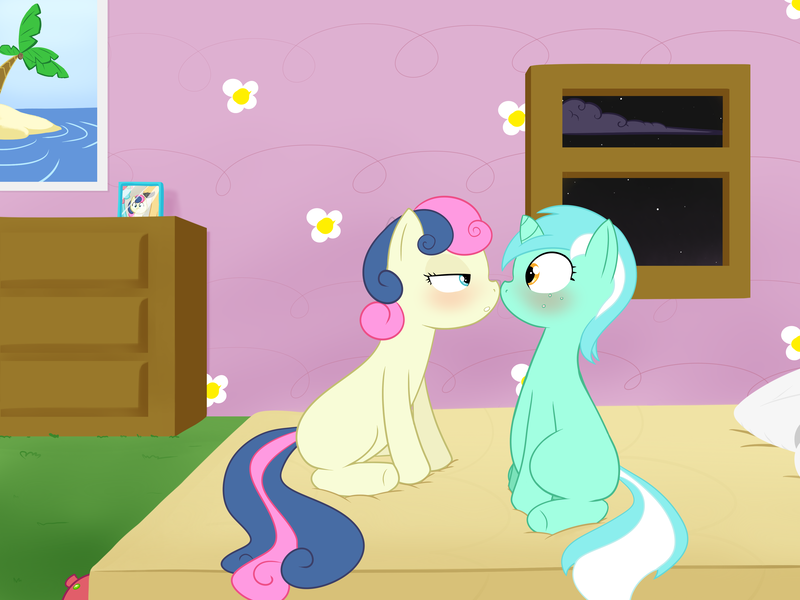 Size: 4000x3000 | Tagged: safe, artist:krekka01, derpibooru import, bon bon, lyra heartstrings, sweetie drops, pony, unicorn, bed, bedroom, bedroom eyes, blank flank, blushing, female, lesbian, looking at each other, lyrabon, mare, night, shipping, window, younger