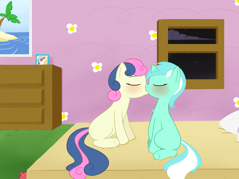 Size: 4000x3000 | Tagged: safe, artist:krekka01, derpibooru import, bon bon, lyra heartstrings, sweetie drops, pony, unicorn, bed, bedroom, blank flank, blushing, eyes closed, female, kissing, lesbian, lyrabon, mare, night, shipping, window, younger