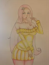 Size: 1936x2592 | Tagged: artist:samaelalighieri, breasts, busty fluttershy, cleavage, clothes, derpibooru import, female, fluttershy, human, humanized, light skin, off shoulder, safe, solo, sweater, sweater dress, sweatershy