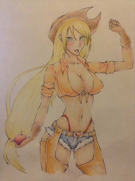 Size: 1936x2592 | Tagged: apple, applejack, artist:samaelalighieri, belly button, breasts, busty applejack, chaps, cleavage, clothes, daisy dukes, derpibooru import, female, front knot midriff, gloves, human, humanized, light skin, midriff, panties, safe, solo, thong, traditional art, underwear