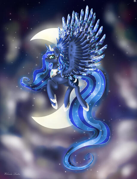 Size: 2141x2800 | Tagged: alicorn, artist:wilvarin-liadon, crescent moon, crown, derpibooru import, female, flying, jewelry, mare, moon, night, princess luna, regalia, safe, solo, stars, transparent moon