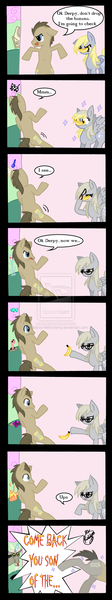 Size: 600x3225 | Tagged: safe, artist:kiddysa-bunnpire, derpibooru import, derpy hooves, discord, doctor whooves, time turner, pegasus, pony, banana, comic, discorded, female, glasses, mare