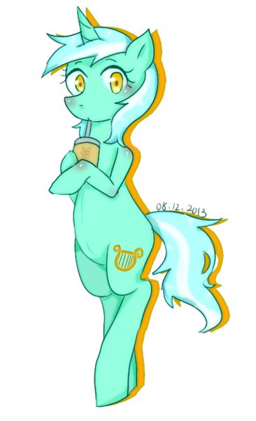 Size: 381x625 | Tagged: safe, artist:divided-s, derpibooru import, lyra heartstrings, pony, bipedal, milkshake, pixiv, solo