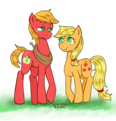Size: 600x625 | Tagged: safe, artist:divided-s, derpibooru import, applejack, big macintosh, earth pony, pony, brother and sister, cute, duo, female, jackabetes, macabetes, male, missing accessory, pixiv, stallion
