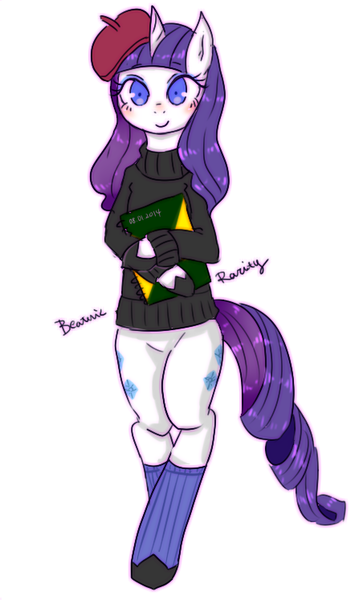 Size: 447x747 | Tagged: safe, artist:divided-s, derpibooru import, rarity, pony, beatnik rarity, beret, bipedal, clothes, hat, pixiv, solo