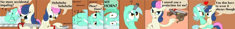 Size: 2000x250 | Tagged: suggestive, artist:cgeta, derpibooru import, bon bon, lyra heartstrings, sweetie drops, earth pony, pony, unicorn, bait and switch, bandage, bed, bedroom eyes, blanket, comic, dialogue, eyes closed, female, frown, grin, horn guard, implied horn impalement, lesbian, lidded eyes, looking at each other, looking up, lyrabon, open mouth, pillow, protection, question mark, saw, shipping, sleeping, smiling, zzz