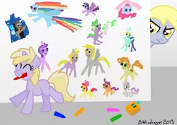Size: 878x620 | Tagged: safe, artist:bibliodragon, derpibooru import, amethyst star, apple bloom, carrot top, derpy hooves, dinky hooves, doctor whooves, golden harvest, lyra heartstrings, pinkie pie, rainbow dash, scootaloo, spike, sweetie belle, time turner, twilight sparkle, twilight sparkle (alicorn), alicorn, pony, crayon, cutie mark crusaders, doctor who, drawing, female, imminent grounding, mare, tardis, wall