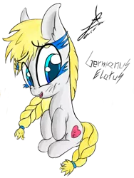 Size: 648x861 | Tagged: artist:magical disaster, blonde hair, braid, colored eyelashes, cute, derpibooru import, eyelashes, filly, get, heart, index get, looking at you, oc, oc:germanus elatus, open mouth, safe, sitting, smiling, solo, unofficial characters only