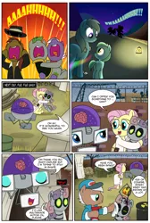 Size: 1482x2200 | Tagged: safe, artist:madmax, derpibooru import, fluttershy, rainbow dash, rarity, earth pony, pony, robot, unicorn, fallout equestria, fallout equestria: the ghost of the wastes, alternate hairstyle, collar, comic, female, fence, filly, foal, glasses, hooves, horn, hug, mare, open mouth, screaming, slavery, sweetie bot, tent