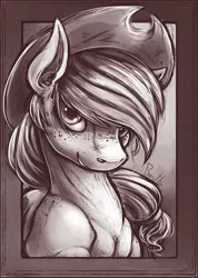 Size: 846x1185 | Tagged: applejack, artist:bantha, derpibooru import, frame, freckles, monochrome, portrait, safe, shoulder freckles, solo