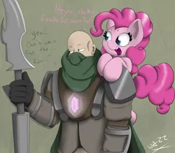 Size: 955x836 | Tagged: safe, artist:wazzart, derpibooru import, pinkie pie, earth pony, human, pony, crossover, duo, nomad, runescape, spear, weapon