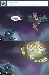 Size: 647x995 | Tagged: safe, artist:darkflame75, derpibooru import, princess luna, scootaloo, bat pony, pony, ask, bat ponified, cloud, cloudy, lightning, ouch, race swap, scootabat, stormcloud, student of the night, tumblr