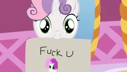 Size: 870x491 | Tagged: safe, artist:drud14, derpibooru import, screencap, sweetie belle, coloring with sweetie belle, exploitable meme, fuck you, meme, solo, vulgar