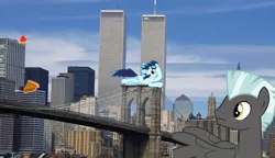 Size: 898x518 | Tagged: safe, derpibooru import, soarin', thunderlane, pegasus, pony, background pony strikes again, male, manhattan, new york, new york city, photoshop, pie, stallion, twin towers, watermelon, world trade center