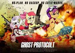 Size: 900x636 | Tagged: apple bloom, artist:kapalsky, cutie mark crusaders, derpibooru import, explosion, gun, mac 10, magic, meme, mission impossible, mission: impossible – ghost protocol, movie poster, parody, safe, scootaloo, sweetie belle
