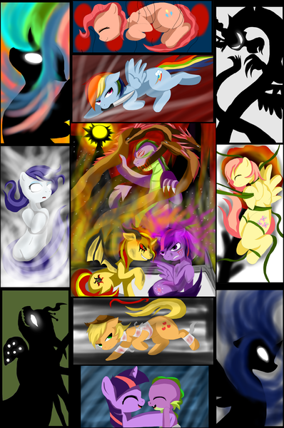 Size: 3713x5597 | Tagged: semi-grimdark, artist:mad-mutt, derpibooru import, applejack, discord, fluttershy, pinkie pie, princess celestia, princess luna, queen chrysalis, rainbow dash, rarity, spike, sunset shimmer, twilight sparkle, twilight sparkle (alicorn), alicorn, demon, pony, balloon, bandahes, corrupted, dark magic, female, filly, filly twilight sparkle, glowing eyes, knife, magic, mane seven, mane six, mare, sunset satan, vine