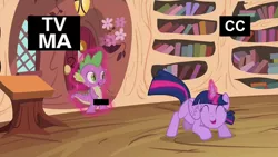 Size: 1280x720 | Tagged: suggestive, derpibooru import, edit, screencap, spike, twilight sparkle, twilight sparkle (alicorn), alicorn, dragon, pony, butt shake, cute, estrus, eyes closed, face down ass up, female, imminent sex, levitation, magic, magic abuse, magical encouragement, male, mare, open mouth, out of context, plot, shipping, smiling, straight, telekinesis, tv rating, tv-ma, twiabetes, twispike, unnecessary censorship, wide eyes