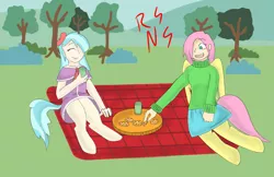 Size: 1024x663 | Tagged: safe, artist:nitro-san, derpibooru import, oc, oc:cici, oc:ivy, unofficial characters only, satyr, clothes, cookie, female, ivy leaf, offspring, parent:coco pommel, parent:fluttershy, picnic, sweater