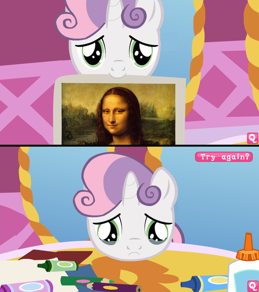 Size: 799x900 | Tagged: coloring with sweetie belle, crying, derpibooru import, exploitable meme, masterpiece, meme, mona lisa, painting, rejected, sad, safe, sweetie belle