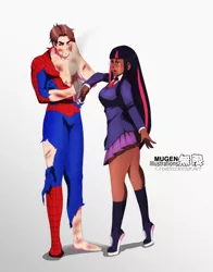 Size: 1200x1527 | Tagged: artist:mugenillustrations, blood, breasts, bruised, busty twilight sparkle, clothes, crossover, crossover shipping, crying, cut, dark skin, derpibooru import, female, frown, human, humanized, injured, light skin, male, peter parker, safe, shipping, skirt, slap, spider-man, spiders and magic: rise of spider-mane, spidertwi, standing, straight, torn clothes, twilight sparkle, wink