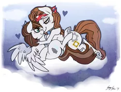 Size: 1200x912 | Tagged: safe, artist:serge-stiles, derpibooru import, oc, oc:spring showers, unofficial characters only, earth pony, pegasus, pony, bandana, cloud, cloudy, cuddling, female, fixit, looking at each other, male, mare, oc x oc, shipping, smiling, snuggling, stallion, straight, underhoof