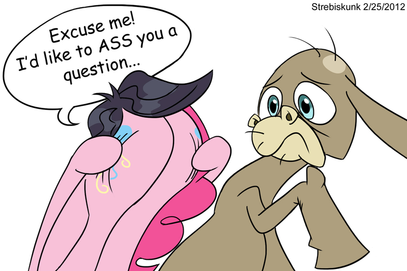 Size: 1170x780 | Tagged: suggestive, artist:strebiskunk, derpibooru import, cranky doodle donkey, pinkie pie, donkey, earth pony, pony, ace ventura, plot, pun, simple background, toupee, white background