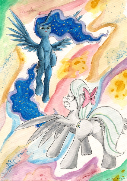 Size: 1624x2313 | Tagged: artist:souleatersaku90, commission, derpibooru import, fanfic, fanfic art, featureless crotch, flitter, plot, princess luna, safe, the simple life, traditional art, watercolor painting