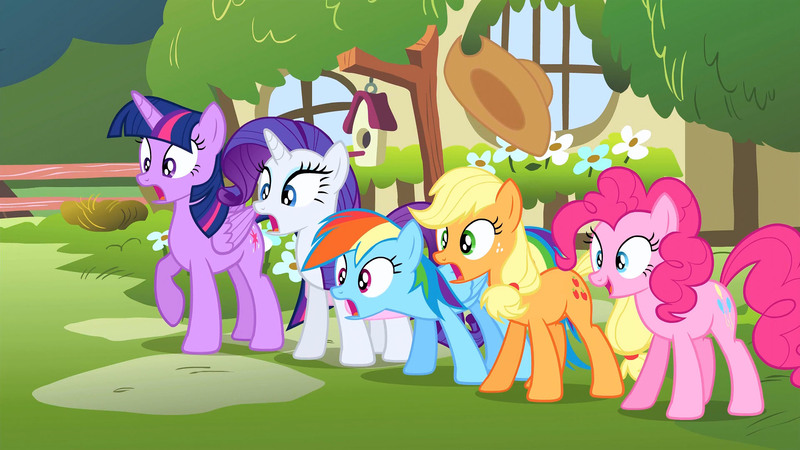 Size: 1920x1080 | Tagged: safe, derpibooru import, screencap, applejack, pinkie pie, rainbow dash, rarity, twilight sparkle, twilight sparkle (alicorn), alicorn, pony, filli vanilli, cartoony, excited, female, floating hat, hat, house, mare, shocked, surprised