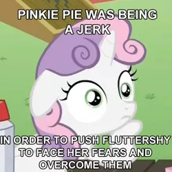 Size: 500x500 | Tagged: cropped, derpibooru import, edit, edited screencap, filli vanilli, floppy ears, hoof on chin, image macro, implied fluttershy, implied pinkie pie, meme, ponyville confidential, safe, screencap, solo, sudden clarity sweetie belle, sweetie belle