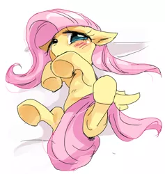 Size: 568x600 | Tagged: suggestive, artist:pasikon, derpibooru import, fluttershy, pegasus, pony, bed, blue eyes, blushing, colored pupils, covering, ear fluff, embarrassed, eyelashes, female, floppy ears, on back, on bed, pink mane, pixiv, shadow, shy, simple background, solo, solo female, tail covering, underhoof, white background, wings
