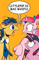 Size: 365x549 | Tagged: safe, derpibooru import, idw, flash sentry, princess cadance, twilight sparkle, oc, oc:littlepip, pony, fallout equestria, exploitable meme, meme, screaming sentry, waifu, younger