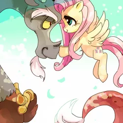 Size: 500x500 | Tagged: source needed, useless source url, safe, artist:pasikon, banned from derpibooru, deleted from derpibooru, derpibooru import, discord, fluttershy, draconequus, pegasus, pony, cute, discoshy, female, flying, image, jpeg, looking at each other, male, mare, pixiv, shipping, smiling, straight, tumblr