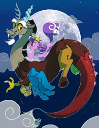 Size: 618x792 | Tagged: safe, artist:pasikon, banned from derpibooru, deleted from derpibooru, derpibooru import, discord, screwball, cloud, cloudy, cute, daddy discord, flying, hat, image, jpeg, moon, night, pixiv, propeller hat, riding, swirly eyes