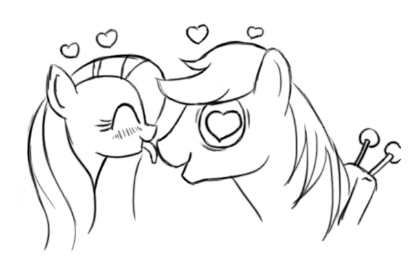 Size: 598x396 | Tagged: safe, artist:nezumiyuki, derpibooru import, big macintosh, fluttershy, earth pony, pony, cropped, eyes closed, fluttermac, heart, licking, male, monochrome, open mouth, shipping, smiling, stallion, straight, tongue out, wingding eyes