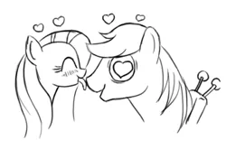 Size: 598x396 | Tagged: safe, artist:nezumiyuki, derpibooru import, big macintosh, fluttershy, earth pony, pony, cropped, eyes closed, fluttermac, heart, licking, male, monochrome, open mouth, shipping, smiling, stallion, straight, tongue out, wingding eyes