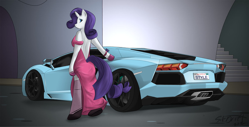 Size: 1756x900 | Tagged: anthro, artist:sikdrift, breasts, car, clothes, derpibooru import, dress, female, gloves, hypercar, lamborghini, lamborghini aventador, license plate, rarity, shoes, side slit, solo, solo female, stockings, suggestive, supercar