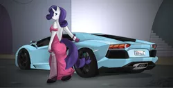 Size: 1756x900 | Tagged: anthro, artist:sikdrift, breasts, car, clothes, derpibooru import, dress, female, gloves, hypercar, lamborghini, lamborghini aventador, license plate, rarity, shoes, side slit, solo, solo female, stockings, suggestive, supercar