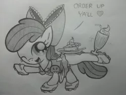 Size: 2048x1536 | Tagged: adorabloom, apple bloom, artist:lockerobster, cute, milkshake, monochrome, pie, roller skates, safe, solo, traditional art, waitress, wink