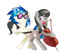 Size: 2480x2091 | Tagged: suggestive, artist:gashiboka, derpibooru import, octavia melody, vinyl scratch, air guitar, blushing, cello, dock, featureless crotch, female, headphones, lesbian, musical instrument, plot, scared, scratchtavia, shipping, simple background, tail pull, transparent background, wavy mouth