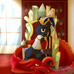 Size: 3005x3000 | Tagged: safe, artist:kaczy, derpibooru import, oc, unofficial characters only, dragon, pony, unicorn, breastplate, castle, crown, crystal, king, sword, throne, throne slouch