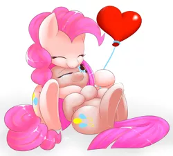 Size: 2802x2534 | Tagged: safe, artist:bubble kitten17, derpibooru import, pinkie pie, earth pony, pony, balloon, comforting, crying, cute, cuteamena, diapinkes, duality, duo, eyes closed, female, heart balloon, high res, hug, mare, one eye closed, pinkamena diane pie, self ponidox, simple background, smiling, tears of joy, underhoof