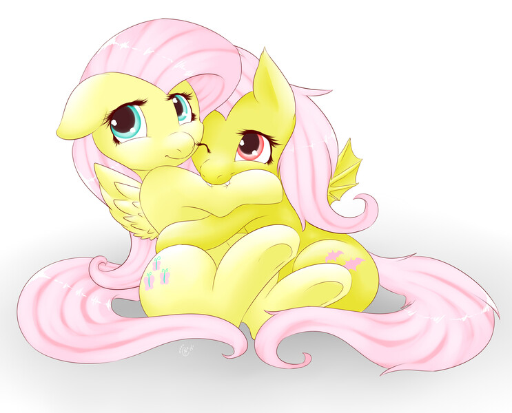 Size: 2820x2276 | Tagged: safe, artist:bubble kitten17, derpibooru import, fluttershy, bat pony, pony, biting, consensual vampirism, cute, duality, fangs, floppy ears, flutterbat, hug, looking at you, nom, nuzzling, race swap, self ponidox, shyabetes, smiling, underhoof, wink