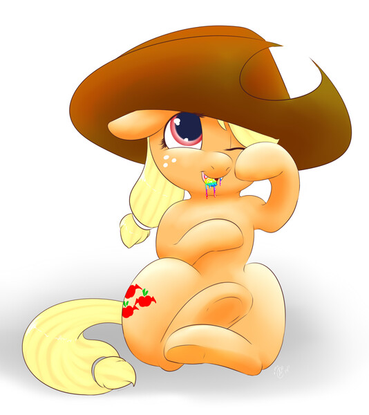 Size: 1709x1922 | Tagged: safe, artist:bubble kitten17, derpibooru import, applejack, bat pony, pony, applebat, eating, fangs, on back, one eye closed, race swap, solo, underhoof, zap apple