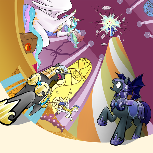 Size: 1500x1500 | Tagged: safe, artist:phoenixperegrine, derpibooru import, princess celestia, princess luna, bat pony, pony, banana bag, bananalestia, friendship is magic bitch, hoof hold, japanese, megaphone, night guard, open mouth, perspective, pixiv, publix, raised hoof, royal guard, scared, smiling, spread wings, surprised, sweat, to the moon, tongue out, trollestia, wide eyes